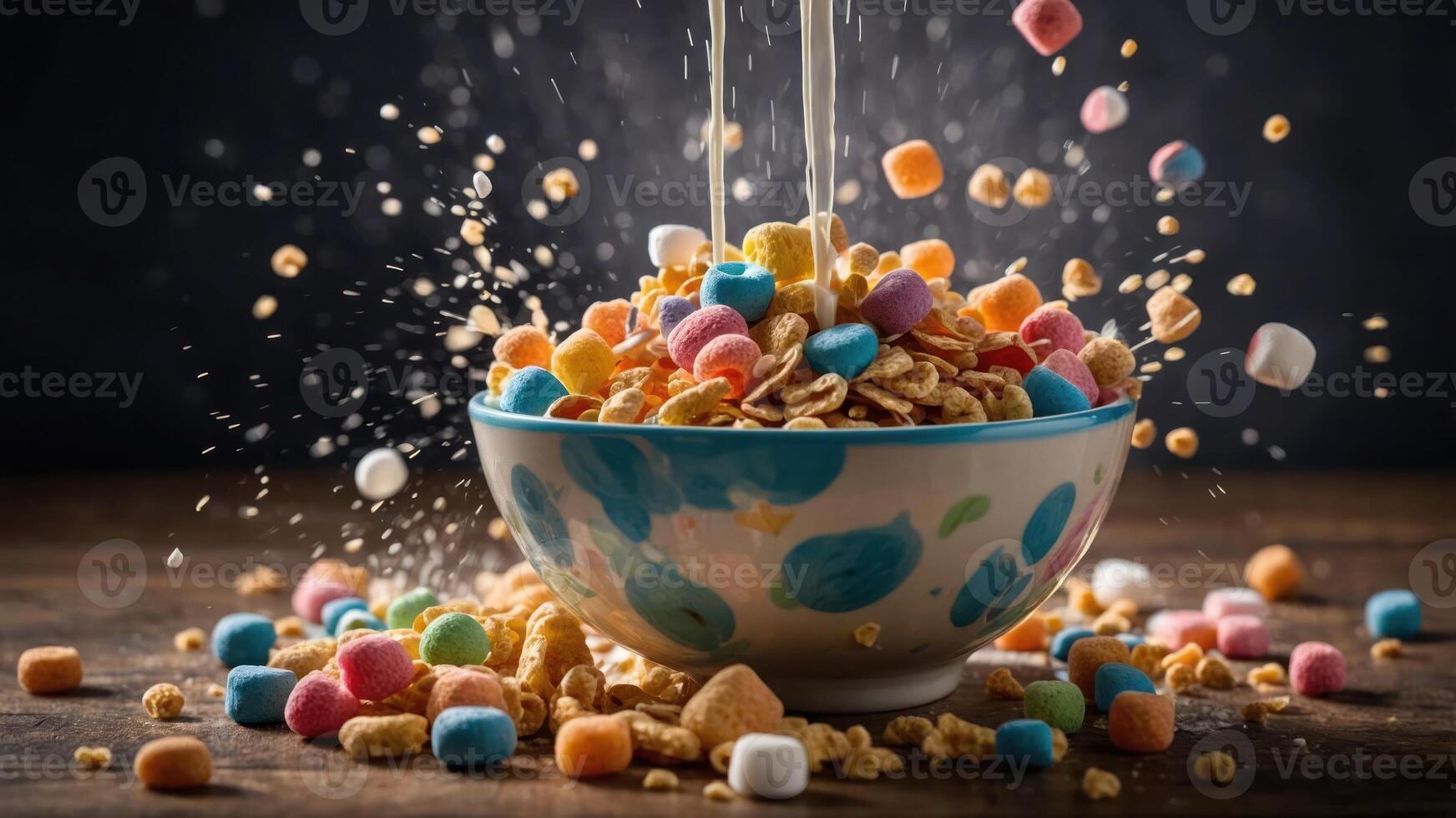 A colorful bowl of cereal with milk splashing, creating a dynamic and playful scene. photo