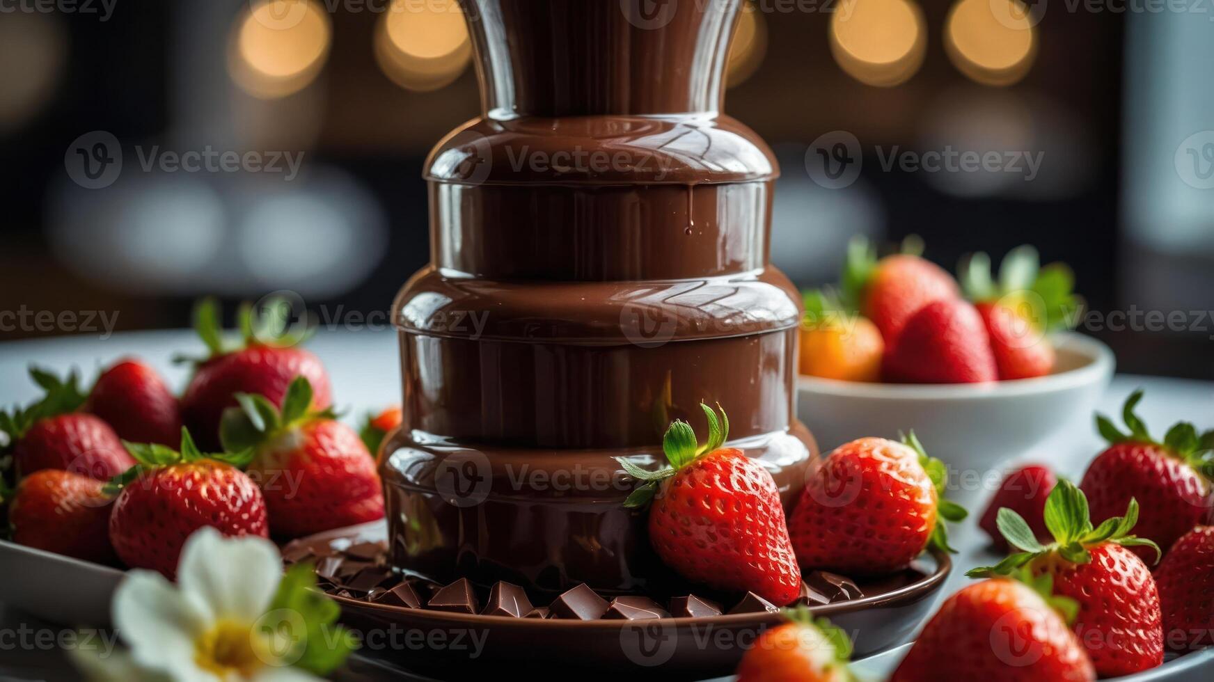 A chocolate fountain surrounded by fresh strawberries for dessert enjoyment. photo