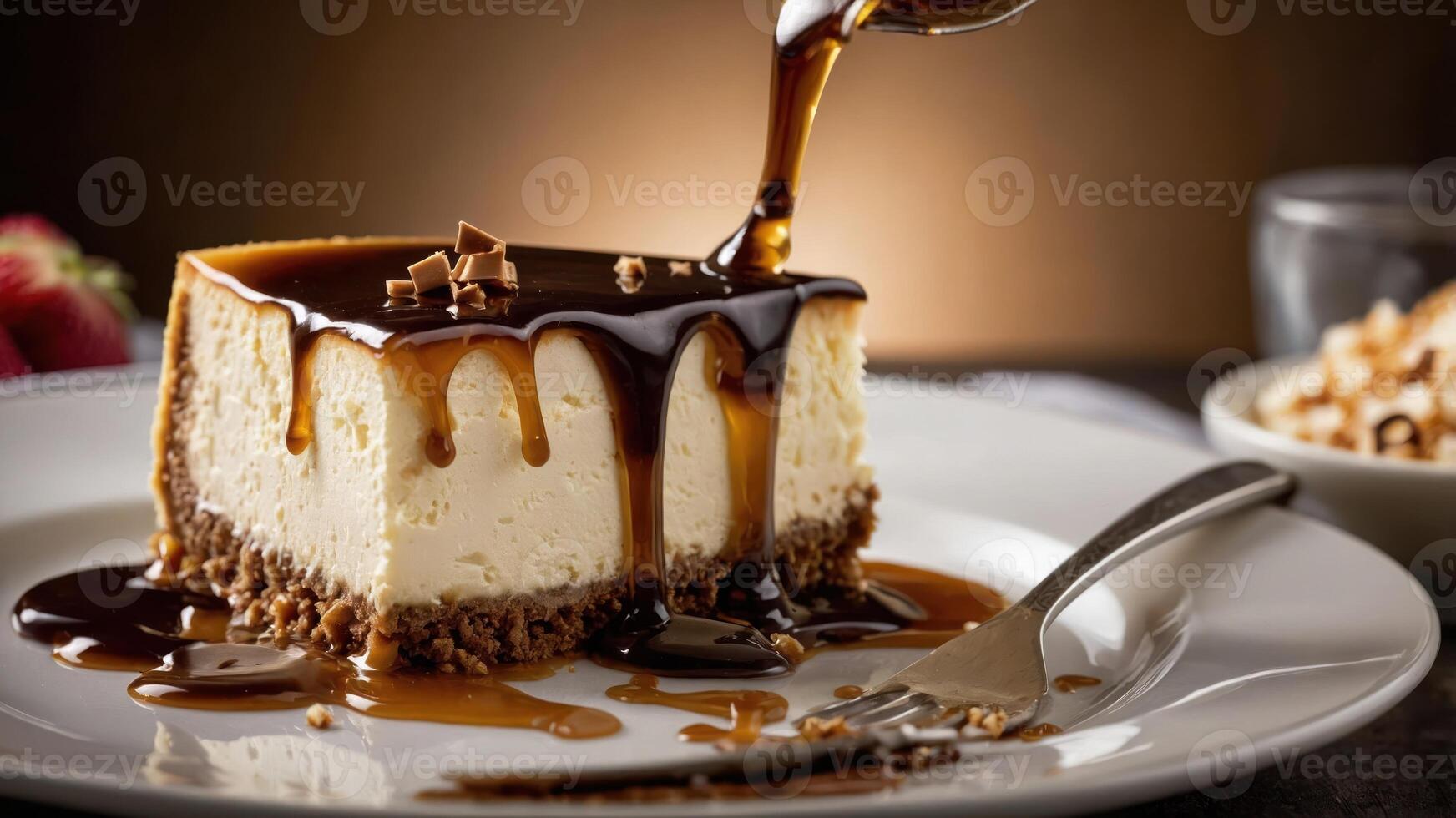 A delicious cheesecake slice with caramel sauce, served on a plate with a fork. photo