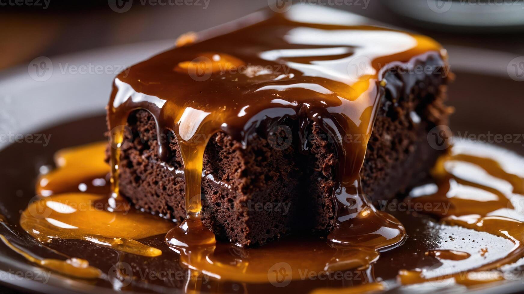 A rich chocolate cake drizzled with luscious caramel sauce on a dark plate. photo