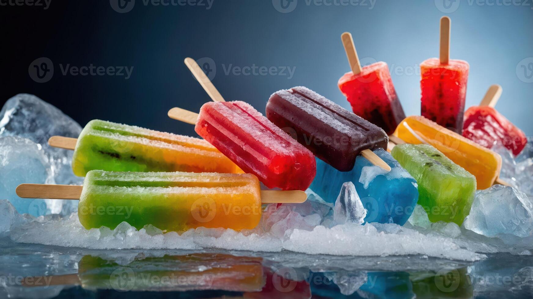 A colorful assortment of popsicles resting on ice, showcasing a refreshing summer treat. photo