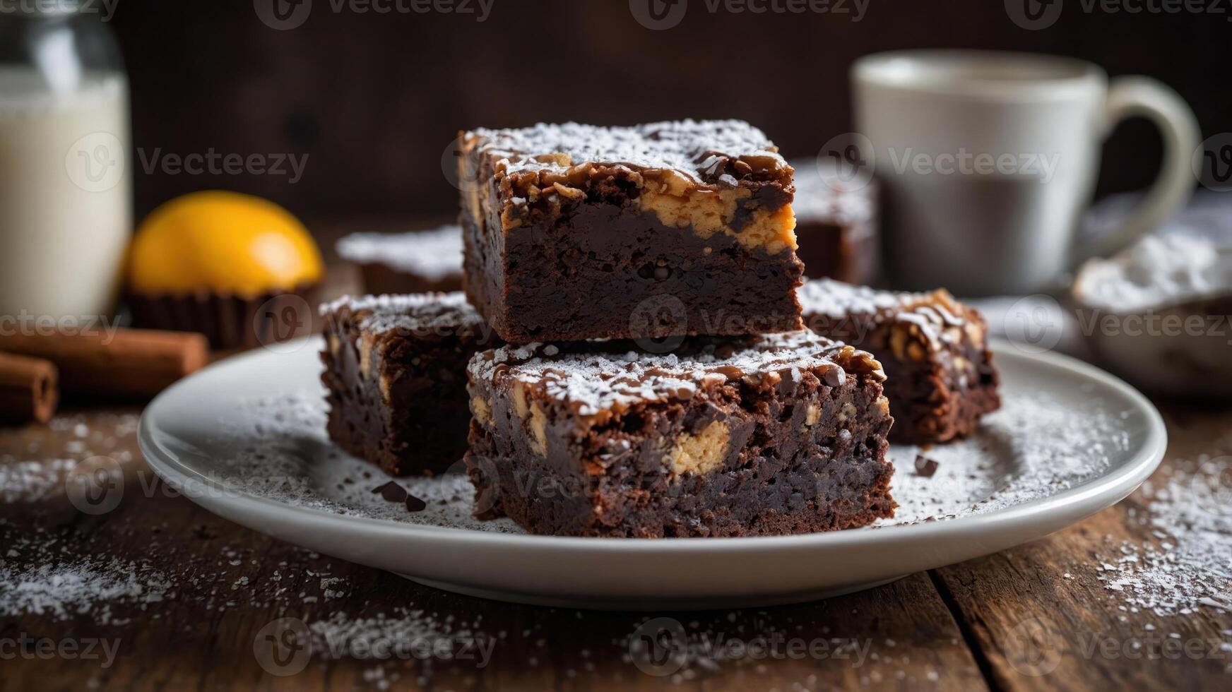 A plate of brownies dusted with powdered sugar, served with a cup and milk. photo
