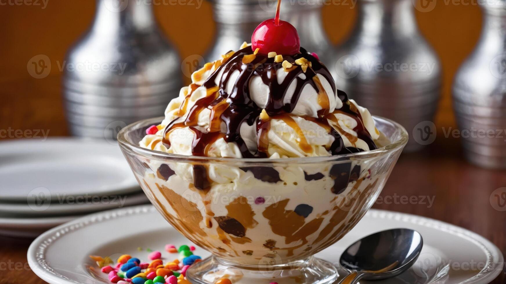 A delicious ice cream sundae topped with chocolate syrup, nuts, and a cherry. photo