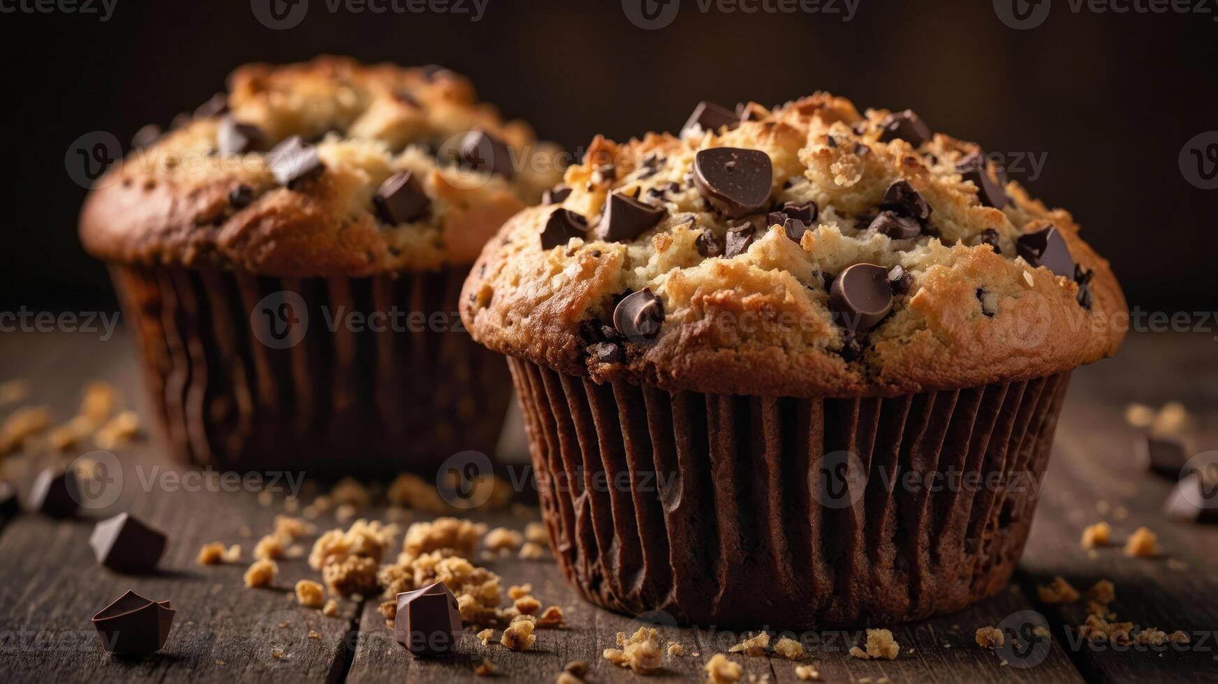 Two chocolate chip muffins on a wooden table, surrounded by crumbs. photo
