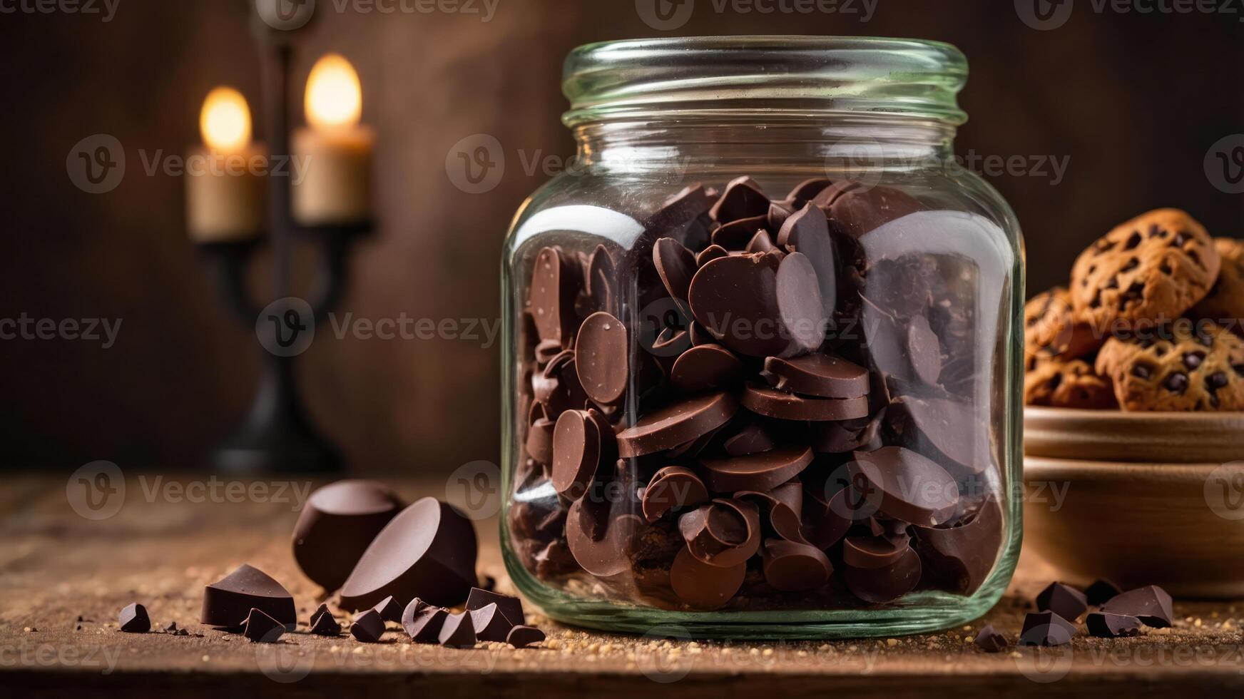 A glass jar filled with chocolate pieces beside cookies and candles, evoking a cozy atmosphere. photo