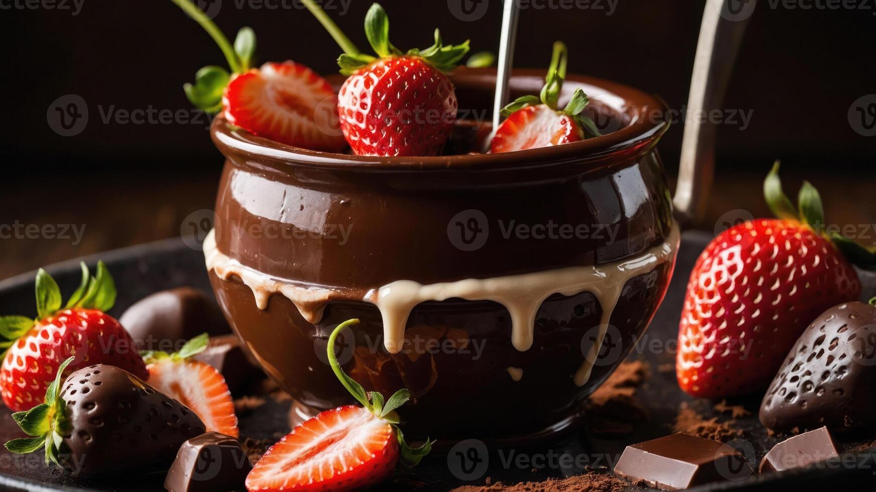A rich chocolate fondue pot surrounded by fresh strawberries and chocolate treats. photo