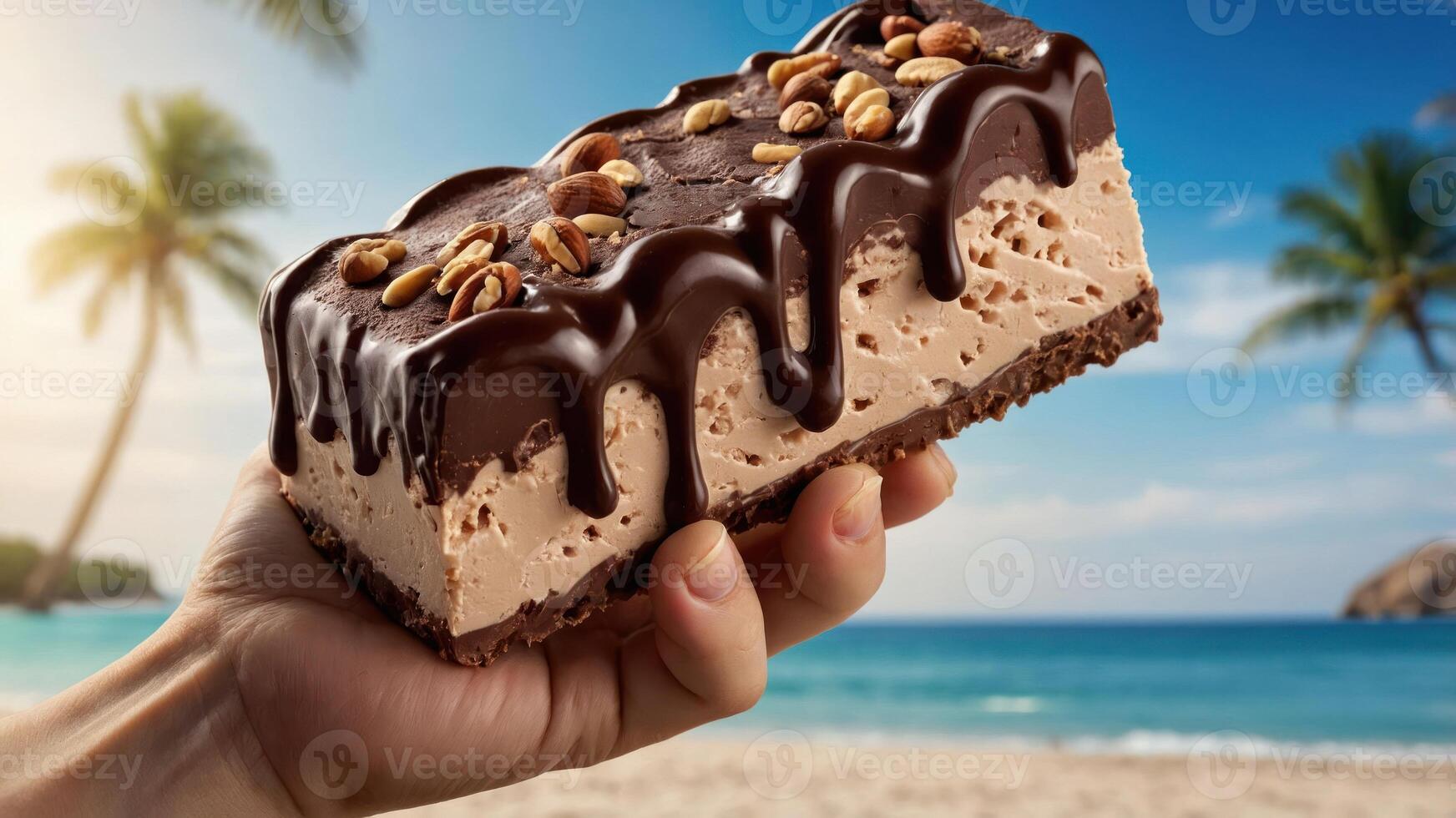 A hand holding a chocolate-drizzled ice cream bar by the beach. photo