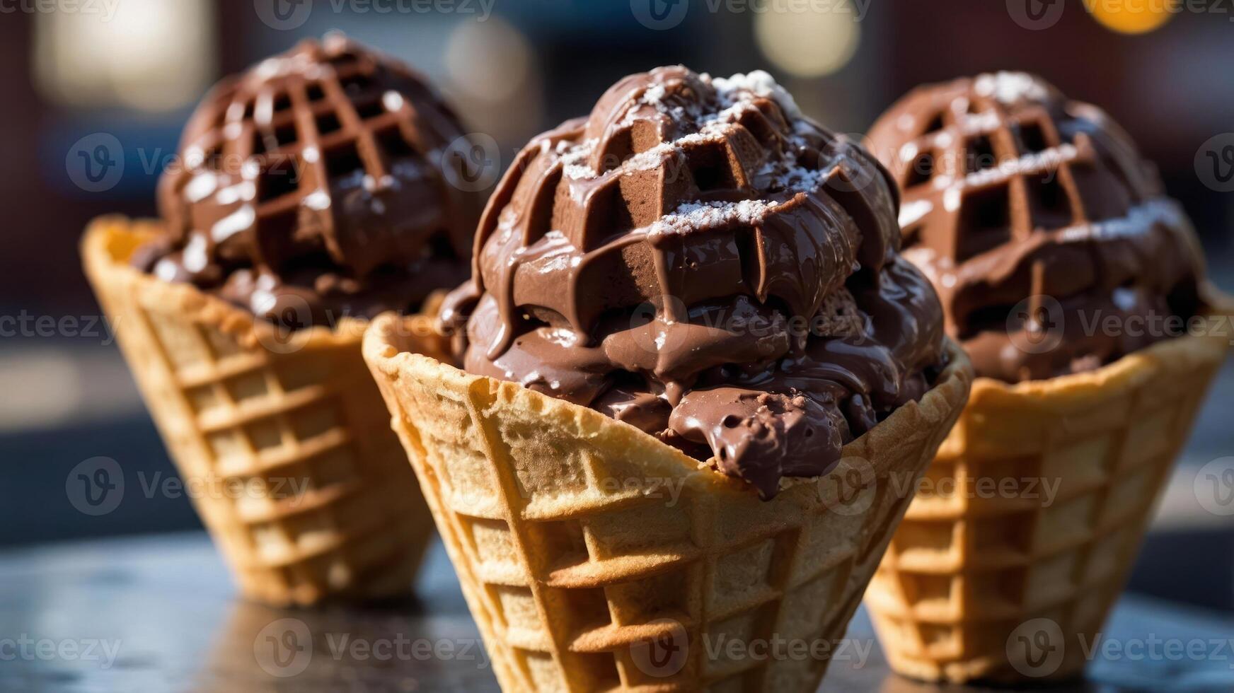 Three chocolate ice cream cones with a rich, creamy texture and a decorative swirl on top. photo