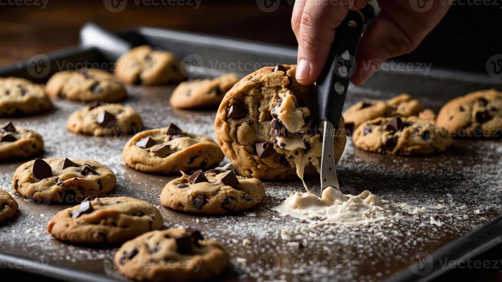 A hand holding a knife cuts into a warm chocolate chip cookie on a baking tray. photo