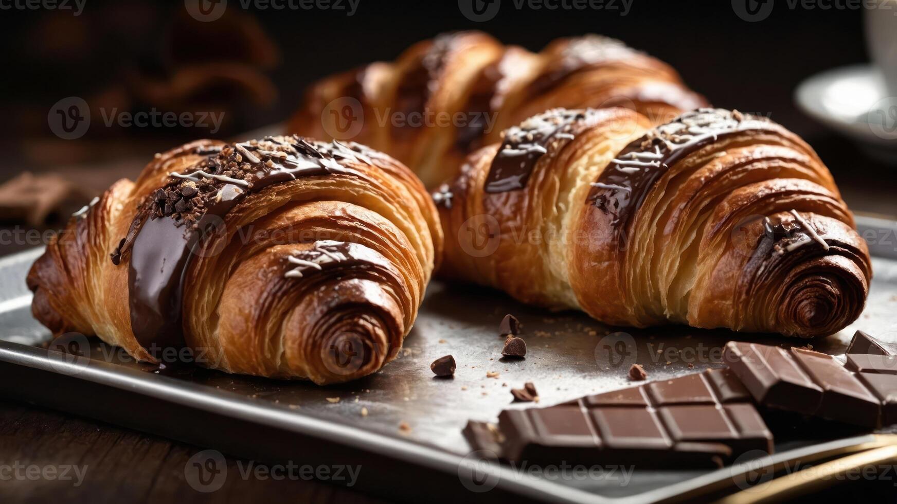 Freshly baked croissants with chocolate drizzle and chocolate pieces on a wooden table. photo