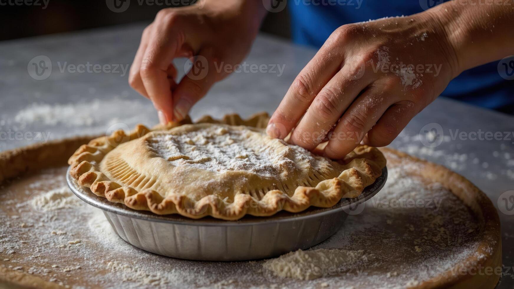 A person is shaping a pie crust in a metal pie dish, dusted with flour. photo