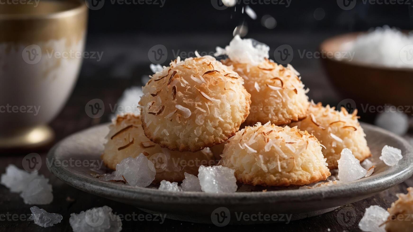 A plate of coconut macaroons garnished with shredded coconut and sugar crystals. photo