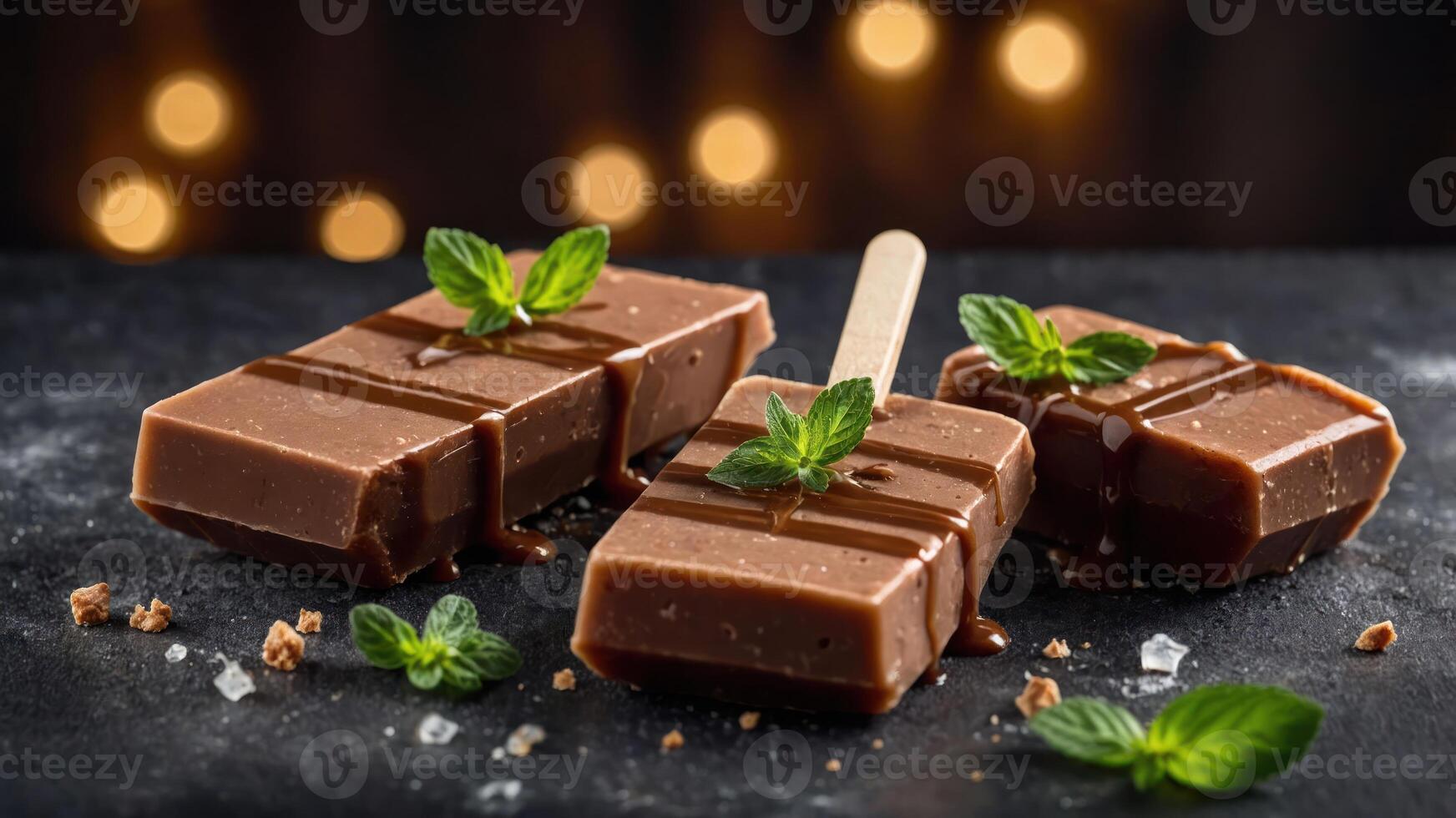 Three chocolate popsicles garnished with mint on a dark surface, evoking a delicious treat. photo