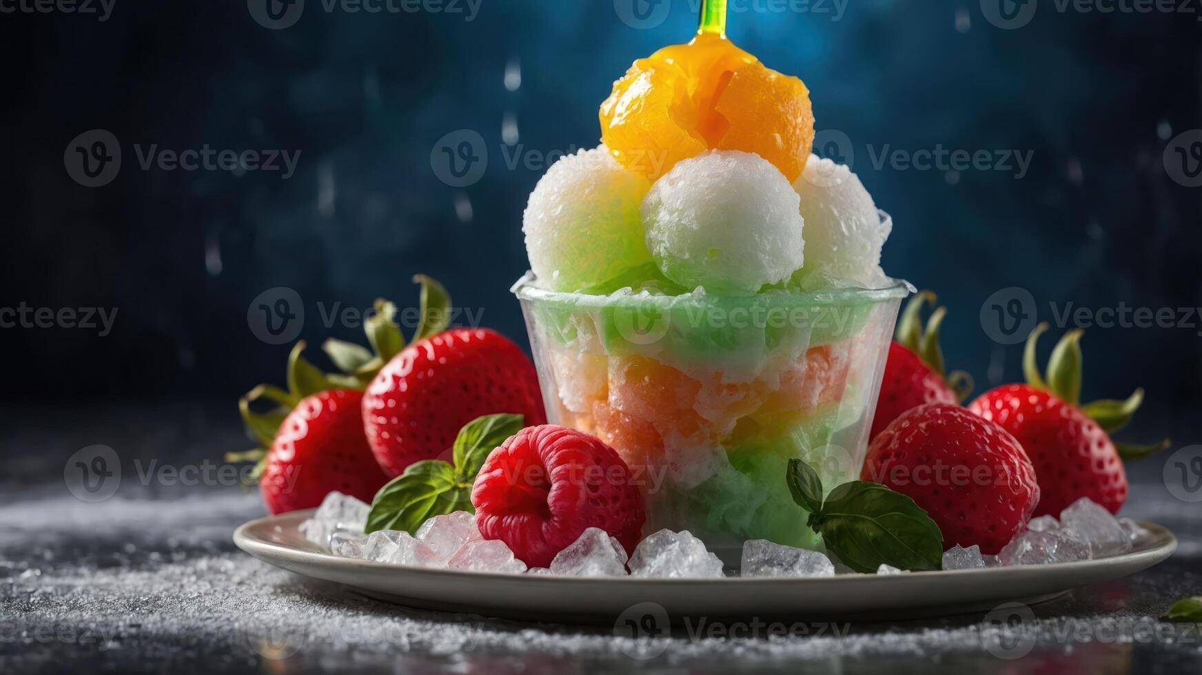 A colorful dessert featuring shaved ice, fruits, and mint leaves, served in a clear cup. photo