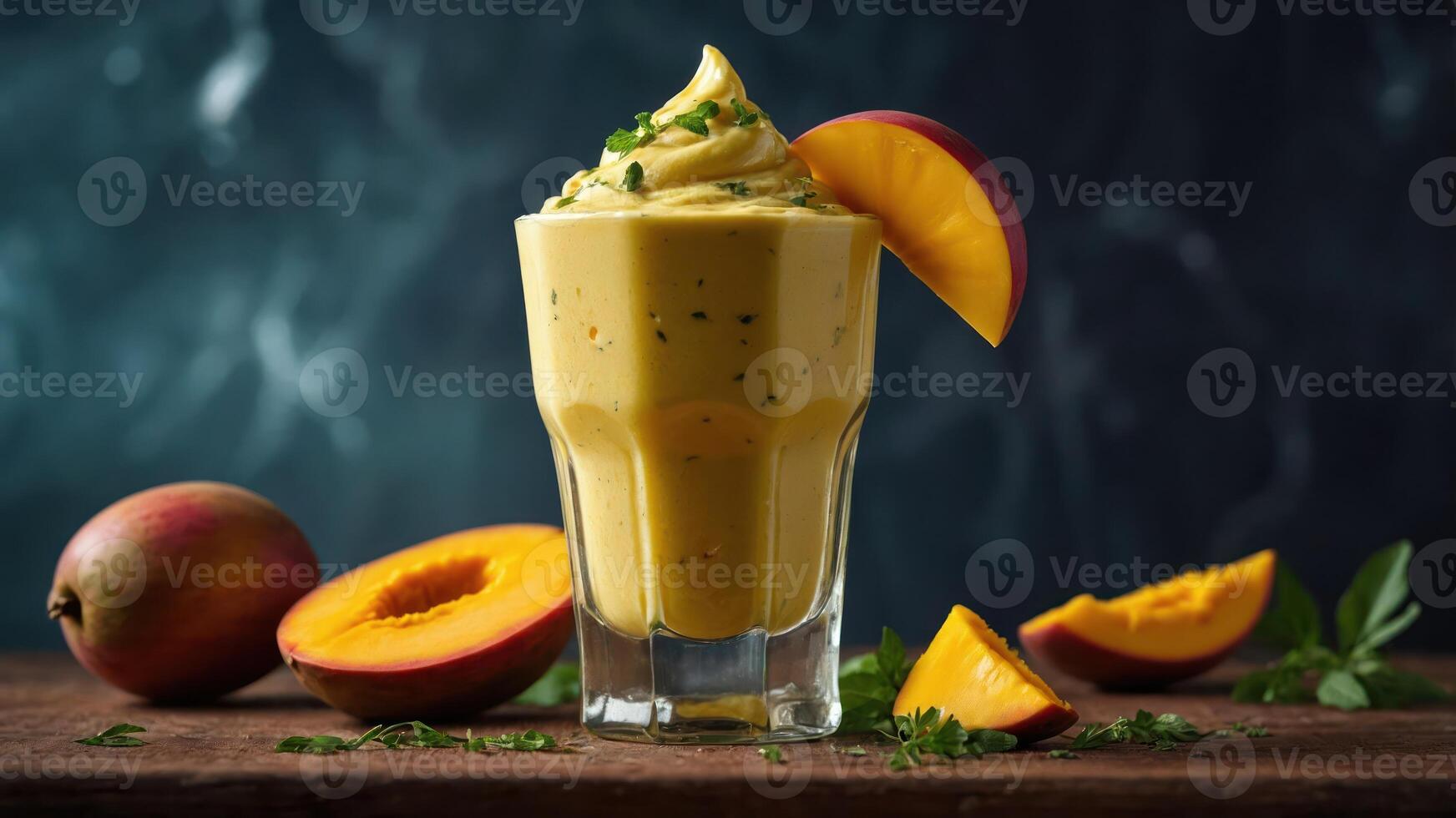 A refreshing mango smoothie topped with cream and garnished with mint, served in a glass. photo