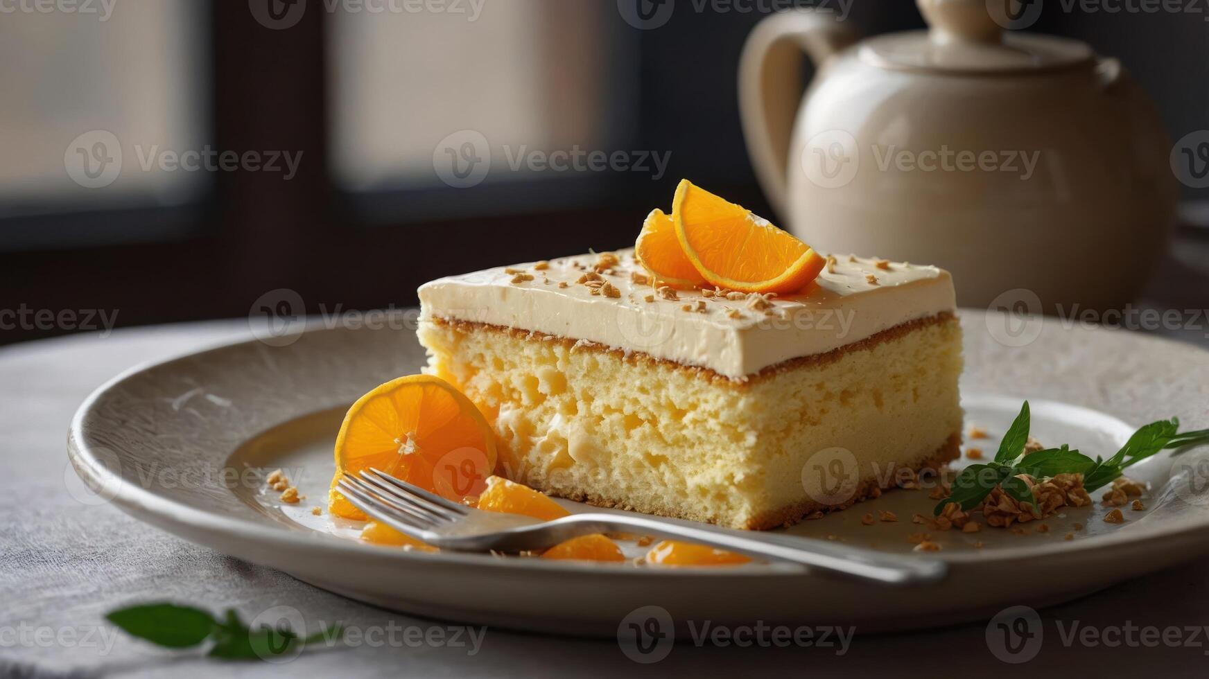 A slice of creamy cake topped with orange slices and nuts, served on a plate with a fork. photo