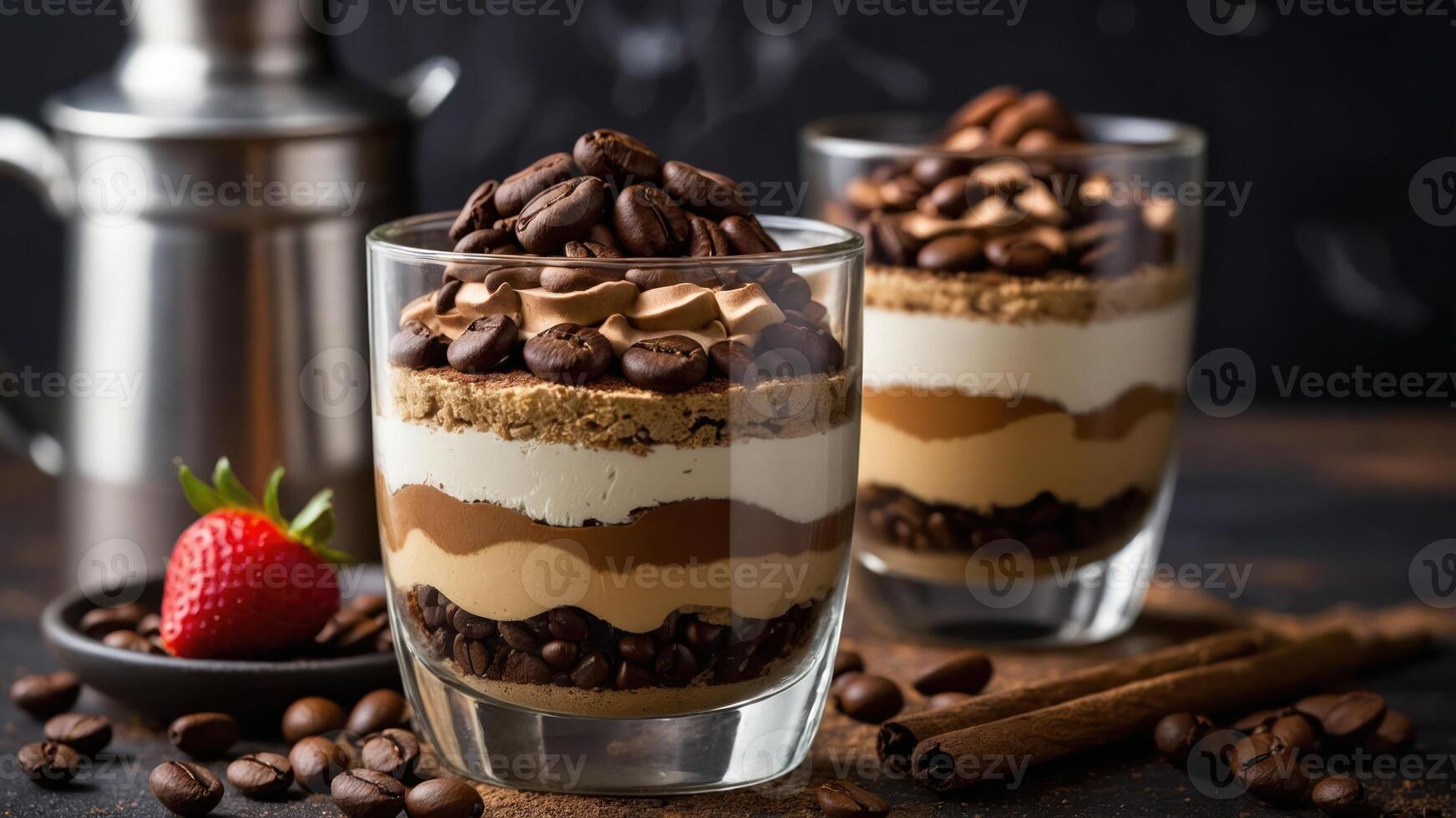 Two layered desserts with coffee, chocolate, and cream, garnished with coffee beans and a strawberry. photo