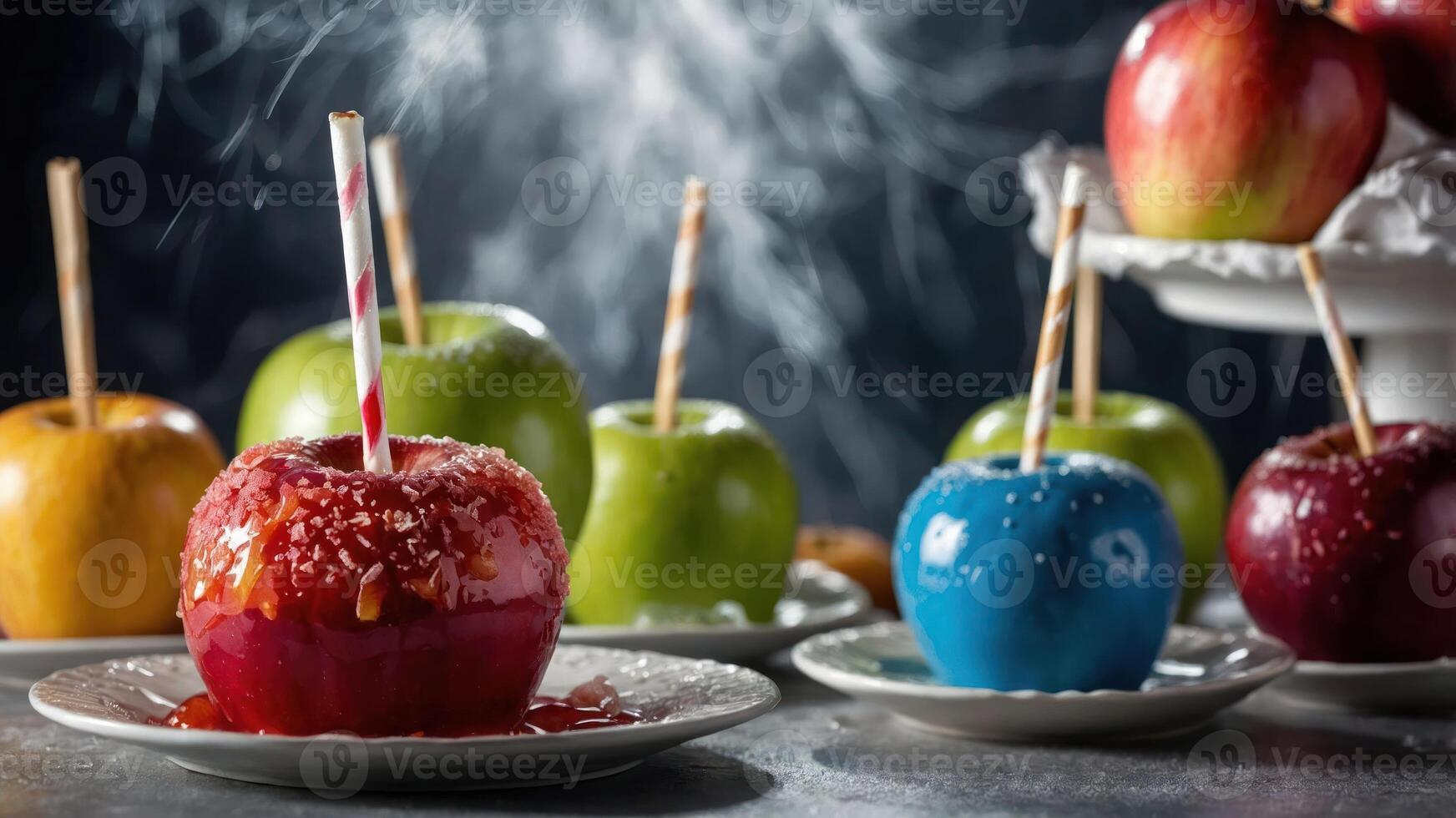 Colorful candy-coated apples with straws, showcasing a festive dessert display. photo
