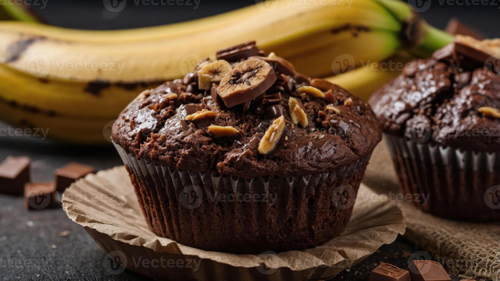 A delicious chocolate muffin topped with banana slices and chocolate pieces, with bananas in the background. photo