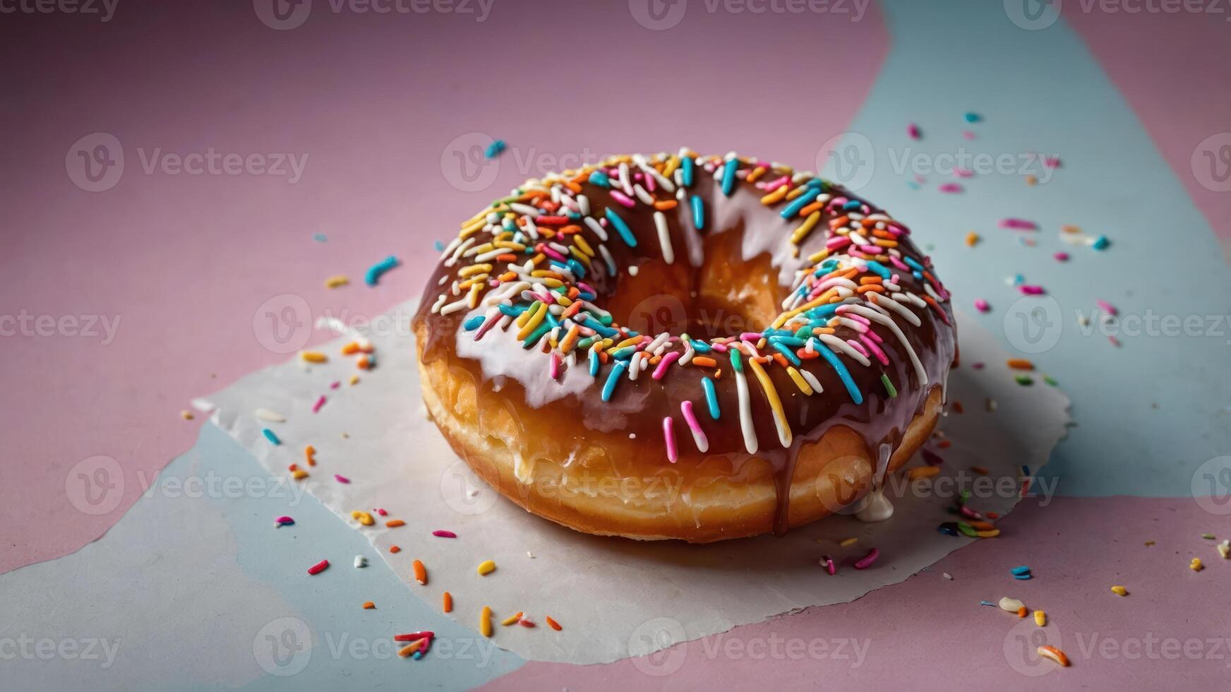 A delicious donut topped with chocolate icing and colorful sprinkles on a pastel background. photo