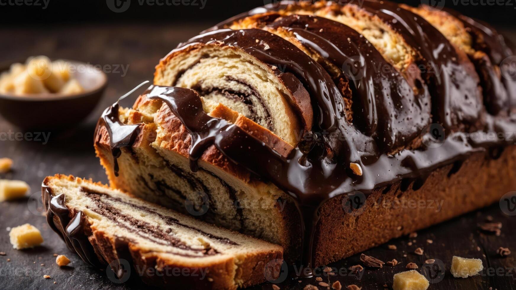 A delicious chocolate swirl bread loaf, sliced and drizzled with chocolate glaze. photo