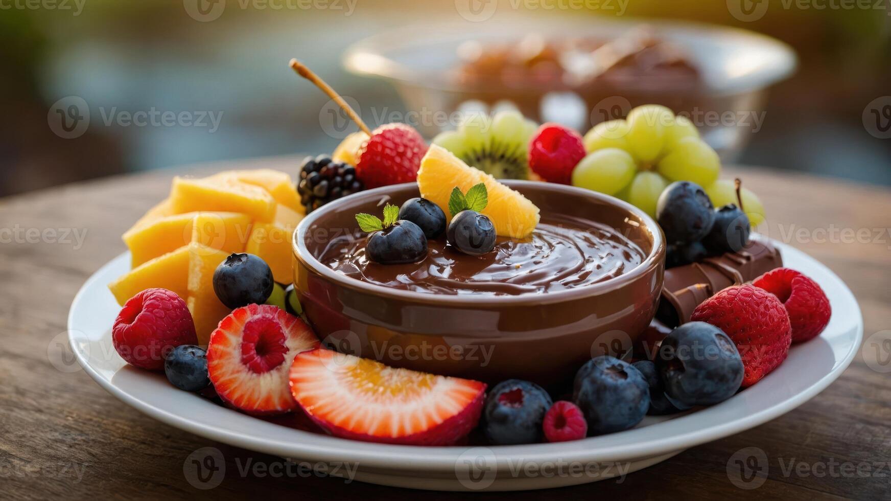 A vibrant platter of fruits and chocolate dip, perfect for sharing and enjoying a sweet treat. photo