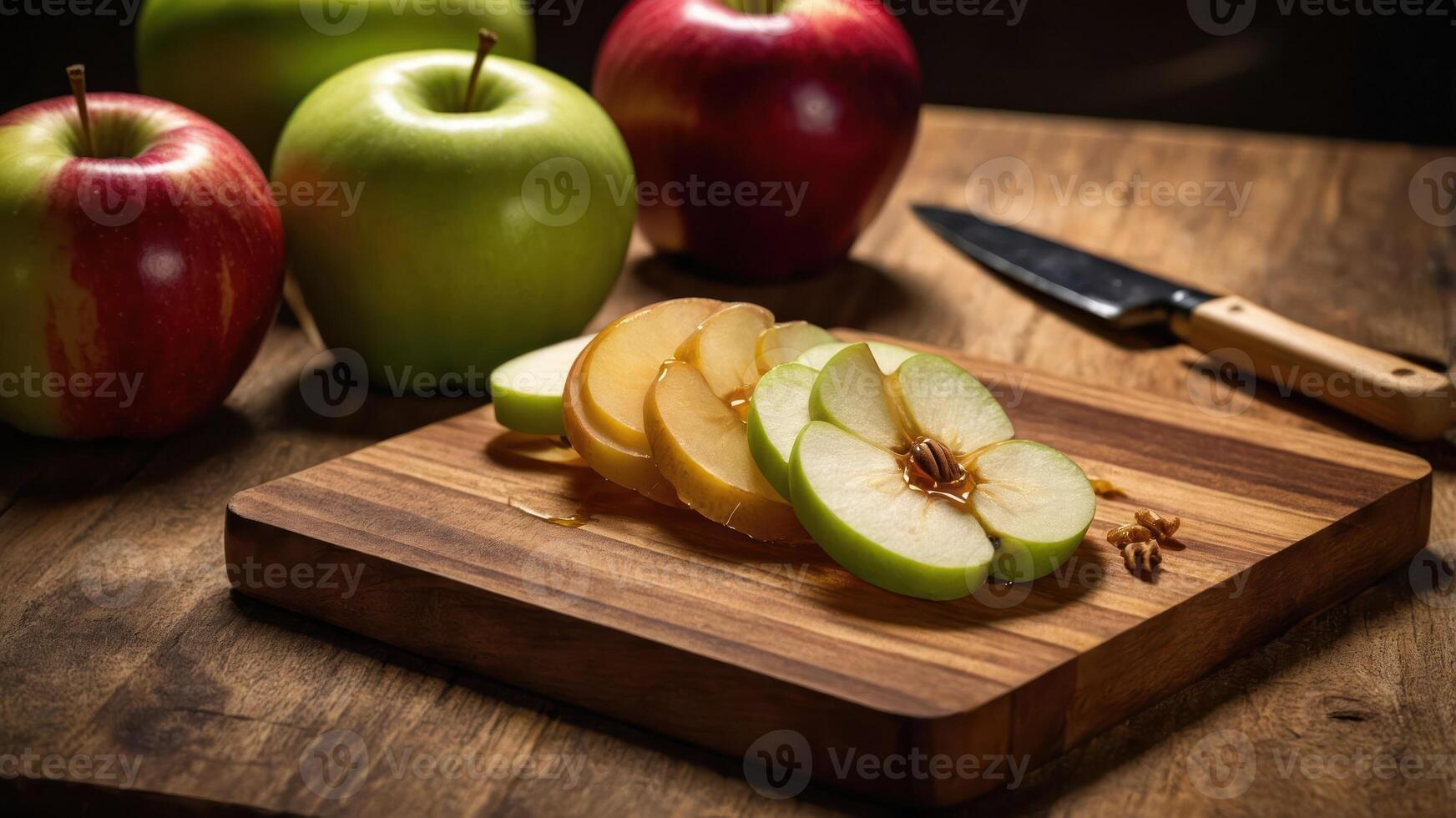 Sliced apples on a wooden board with whole apples in the background. photo
