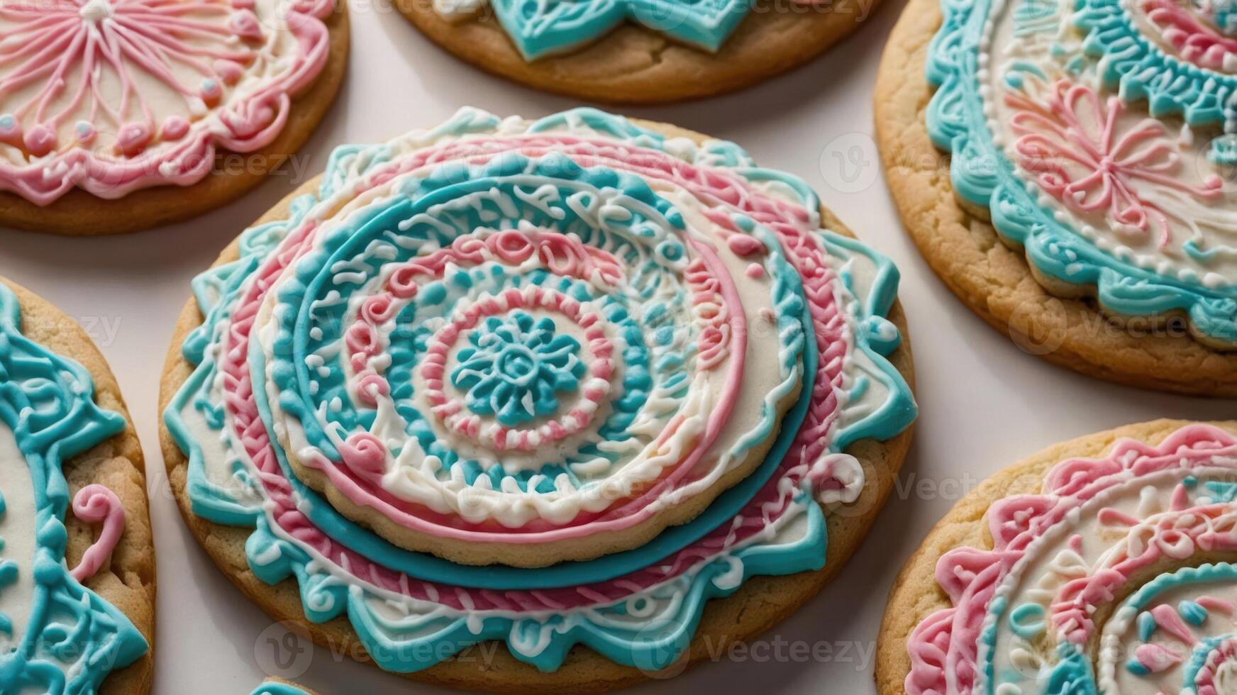 Decorative cookies with intricate icing designs in blue and pink. photo