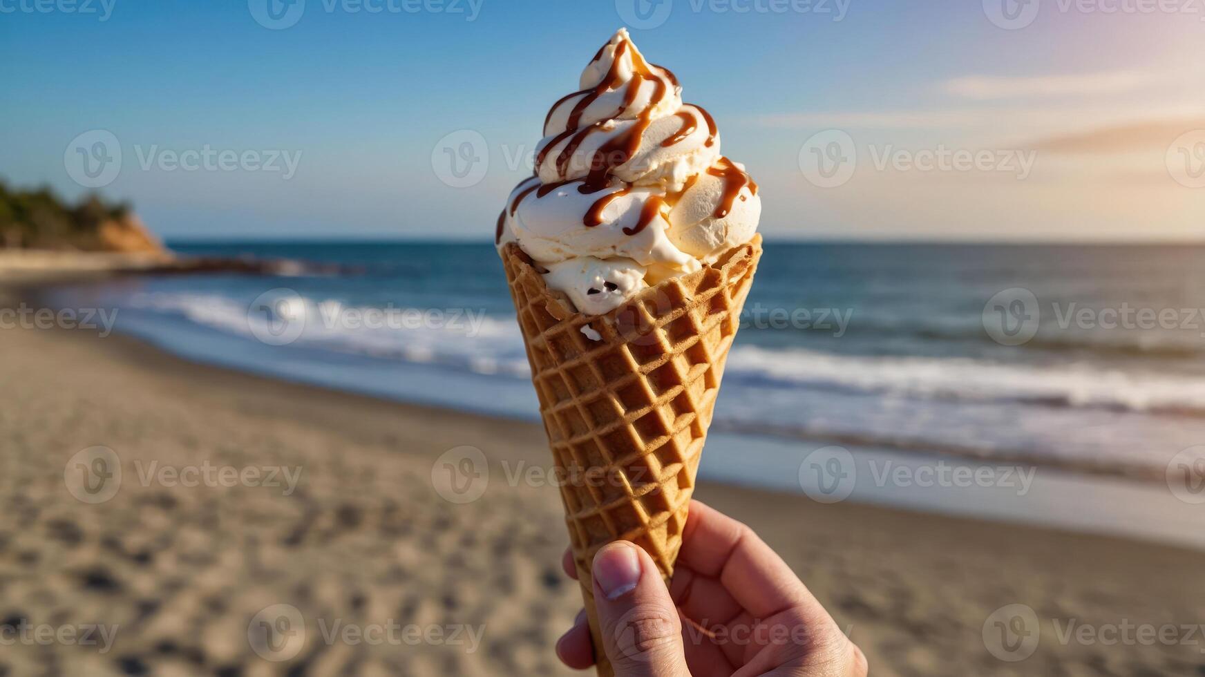 A hand holding a waffle cone with soft serve ice cream against a beach backdrop. photo