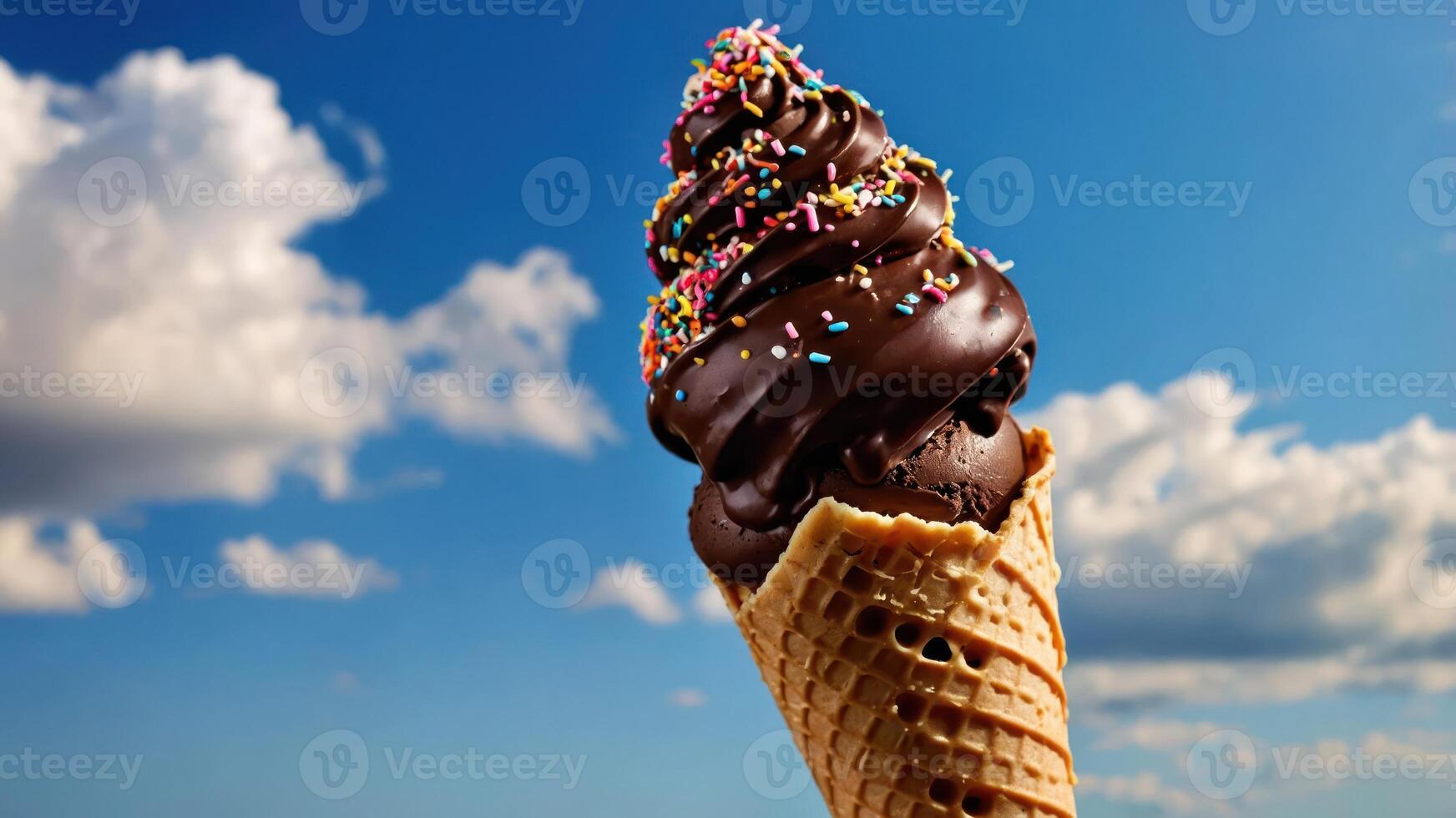 A delicious ice cream cone topped with chocolate and colorful sprinkles against a blue sky. photo