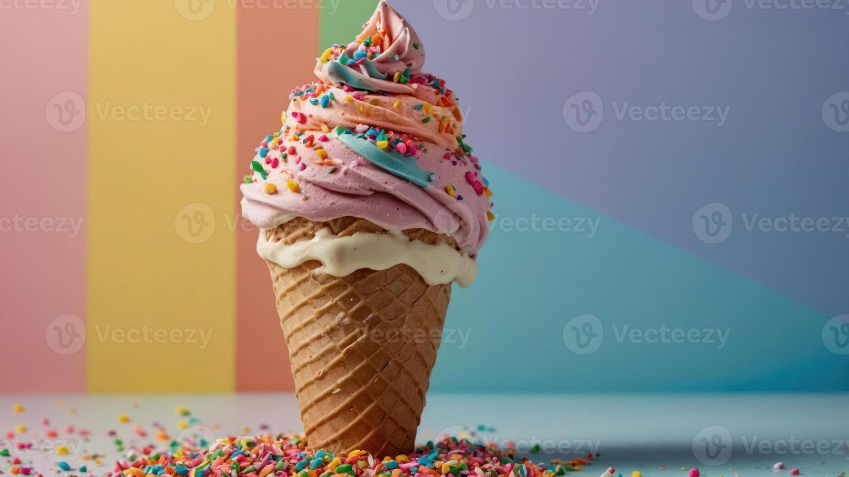 A colorful ice cream cone topped with sprinkles, set against a pastel background. photo