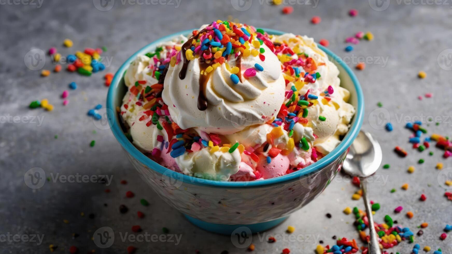 A colorful ice cream sundae topped with whipped cream, sprinkles, and chocolate syrup. photo