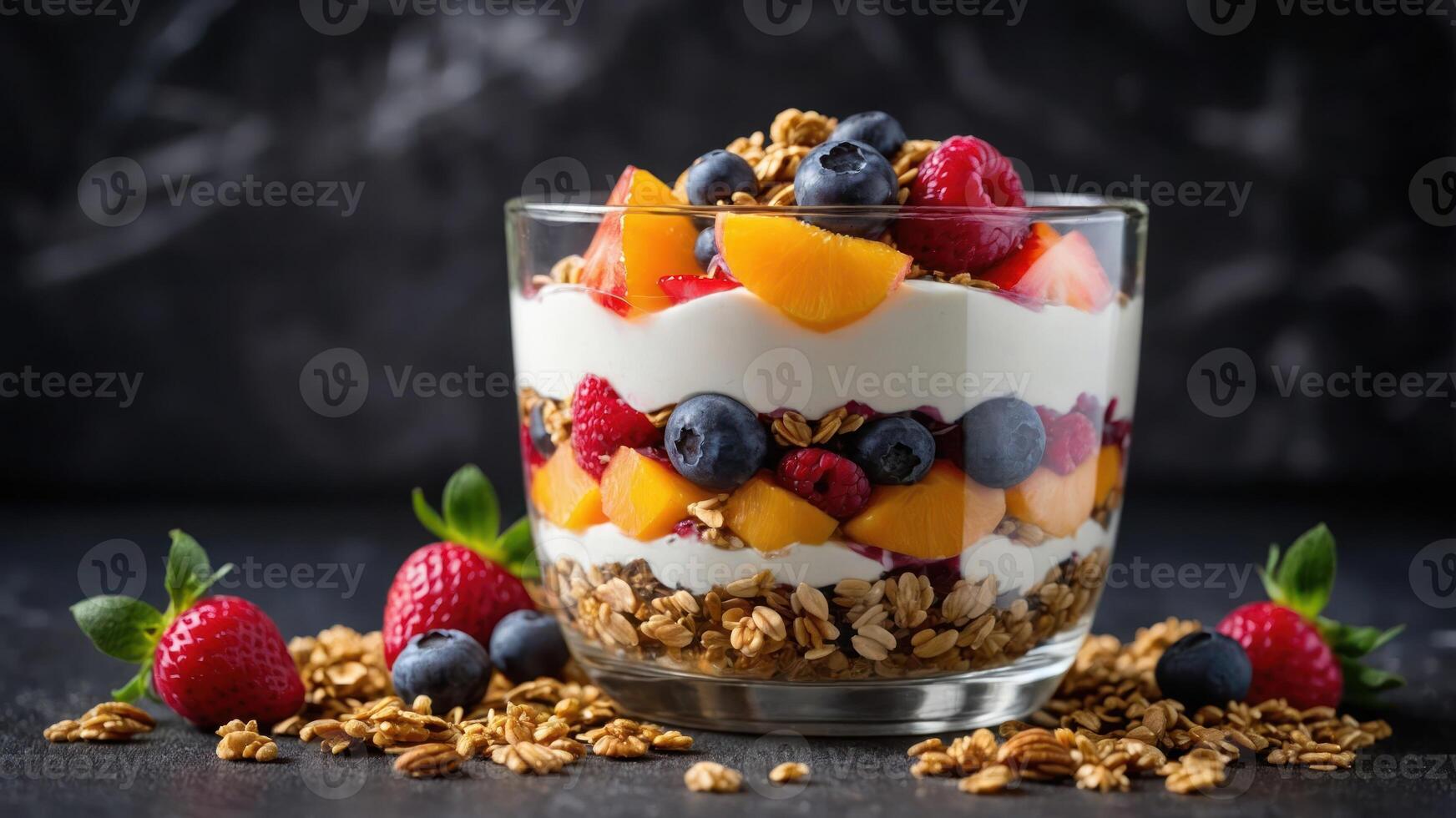 A colorful yogurt parfait layered with fruits and granola, served in a glass bowl. photo