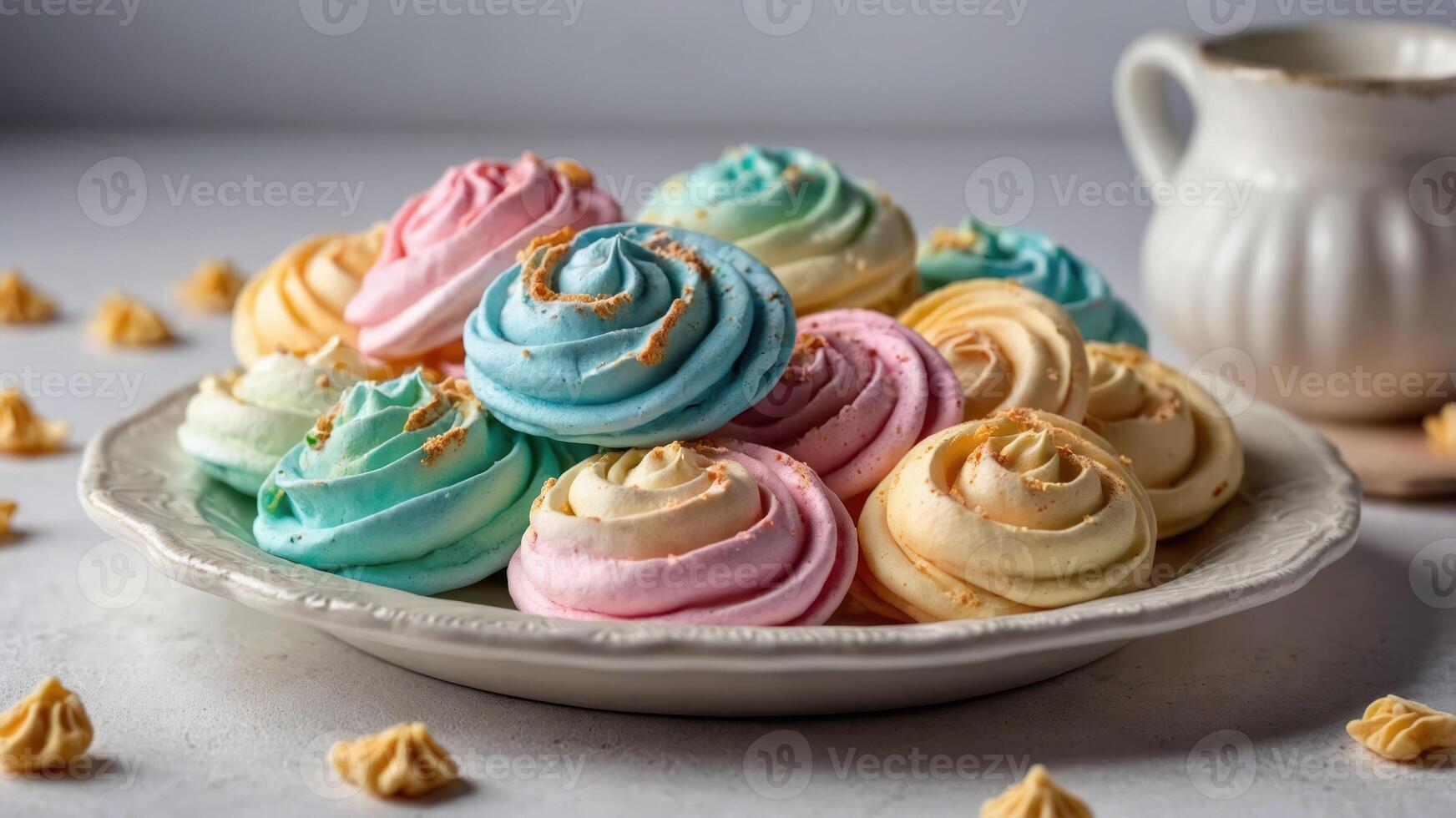 A plate of colorful meringue cookies arranged beautifully for a dessert display. photo