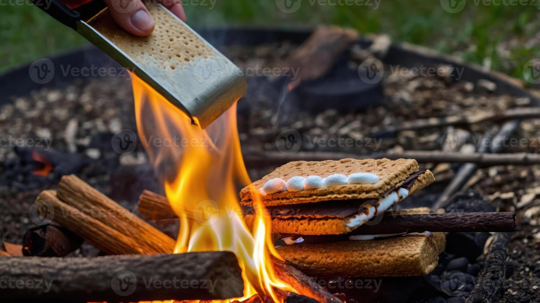 A hand using a stick to toast marshmallows over a campfire for making s'mores. photo