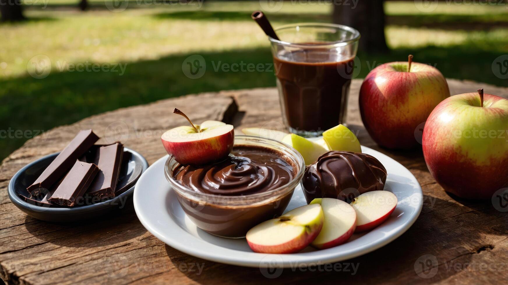 A delicious spread of chocolate dip, apples, and snacks on a wooden table in a natural setting. photo