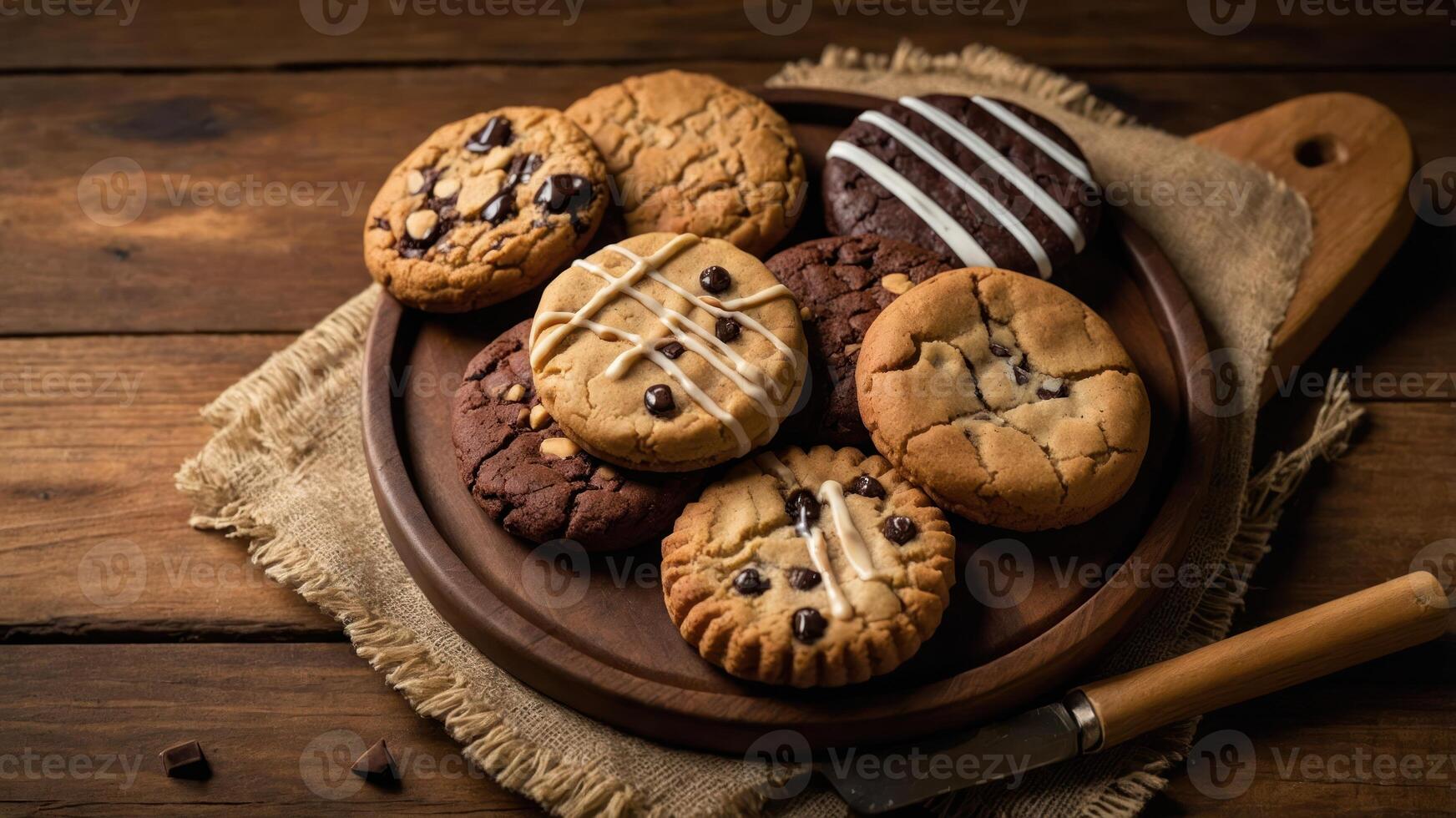 A wooden platter featuring an assortment of cookies with various toppings and designs. photo