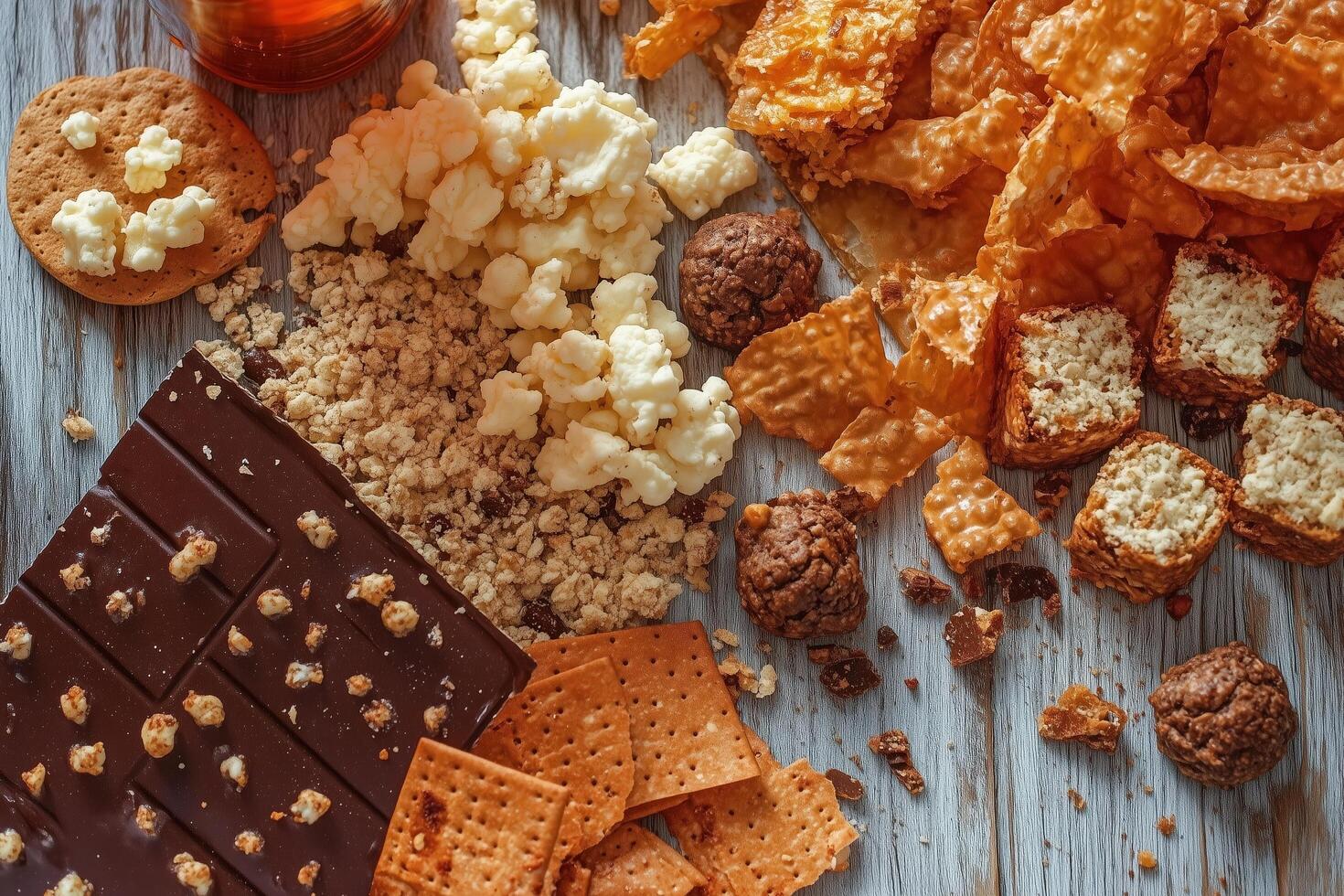 A Tempting Spread of Sweet Treats Cookies, Chocolate, and Popcorn, A Perfect Indulgence photo