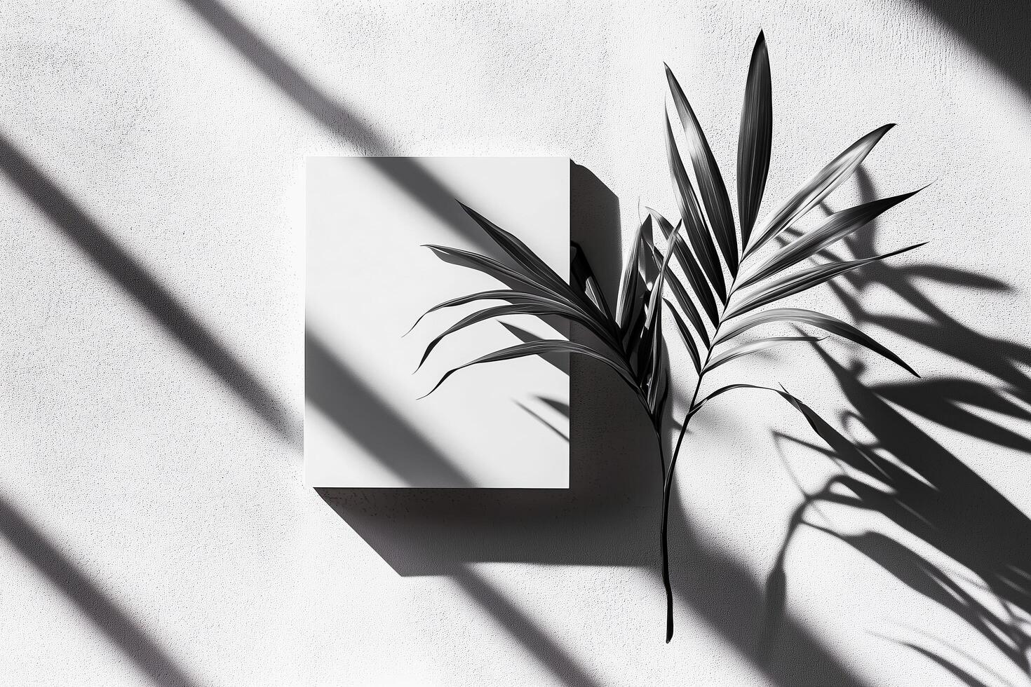 Modern Minimalist Design with Palm Leaf Shadows and Abstract Canvas photo