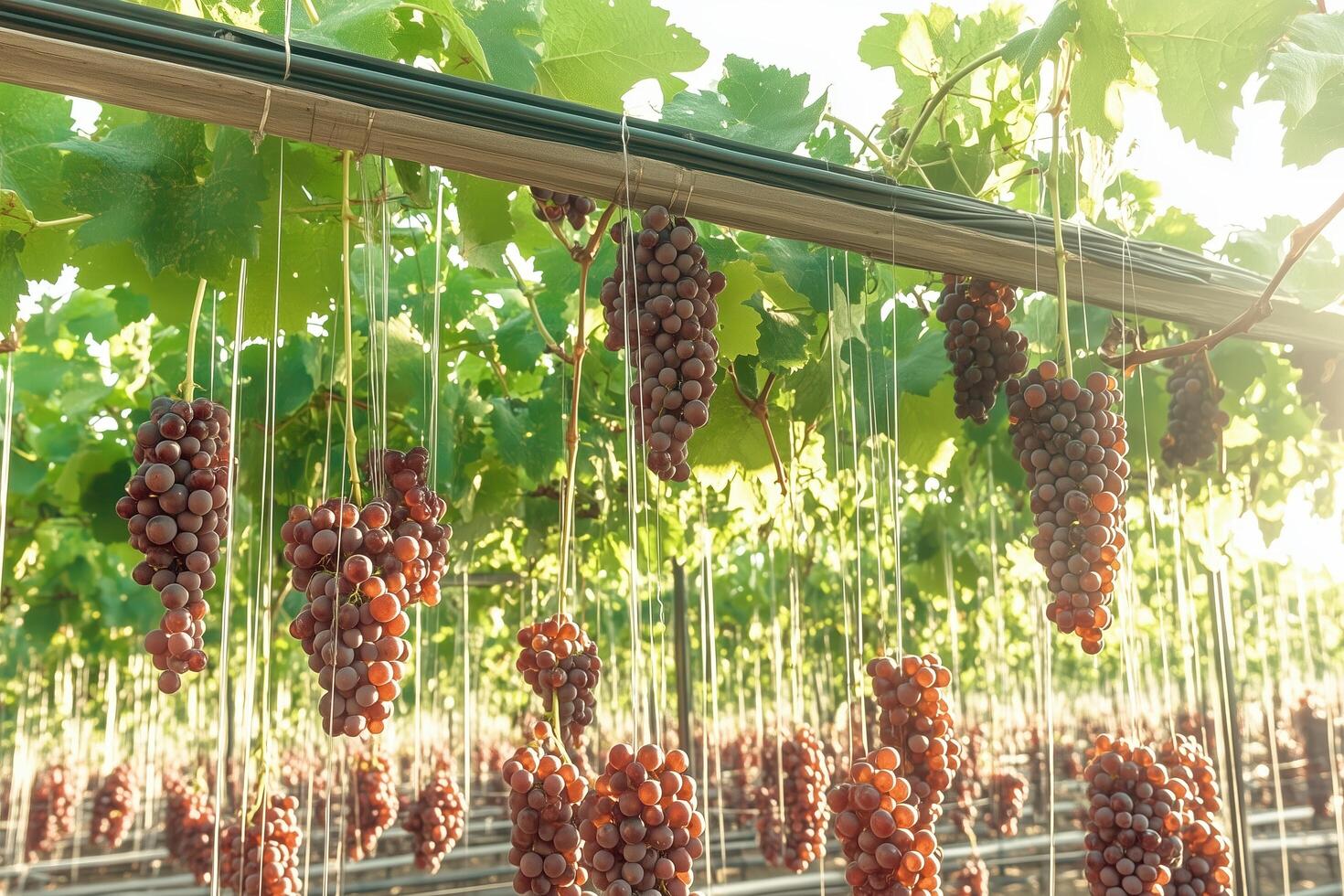 Sunlit Vineyard Rows with Hanging Grapes Showcasing Nature Bounty photo