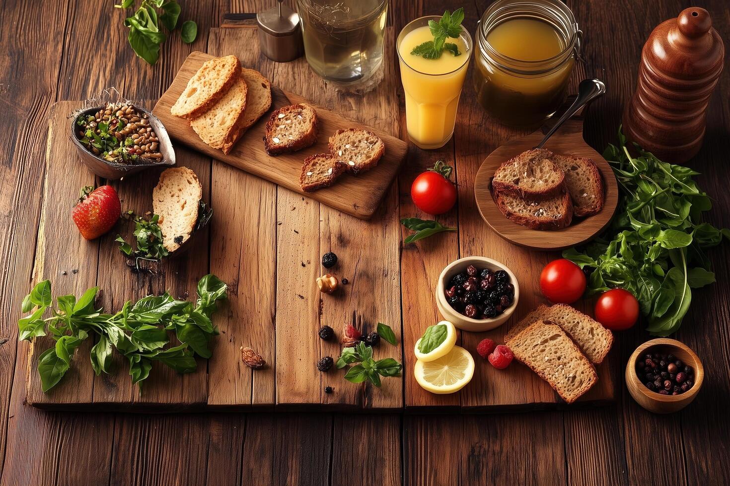 A Rustic Breakfast Spread Featuring Fresh Ingredients and Healthy Drinks photo