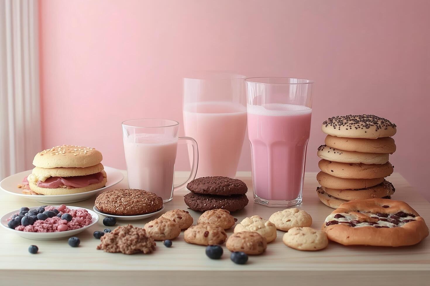 A Colorful Breakfast Spread with Smoothies, Cookies, and Berries, A Delicious Start to the Day photo