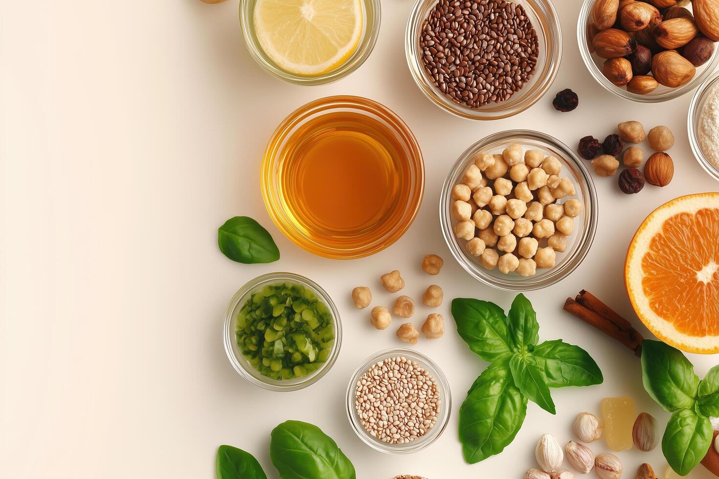 Healthy Ingredients Spread Featuring Chickpeas, Nuts, Basil, and Citrus photo