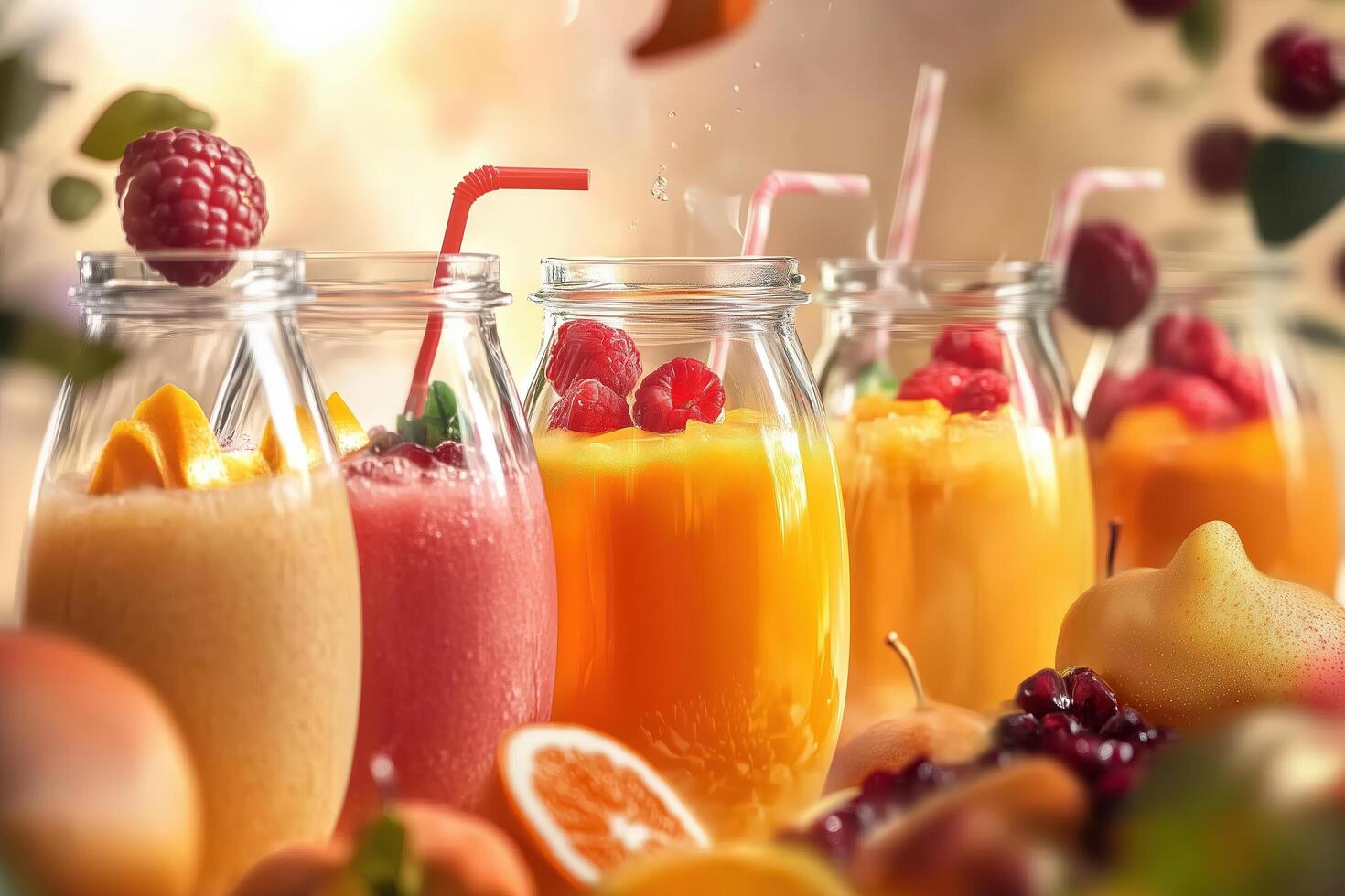 Vibrant Array of Freshly Blended Fruit Smoothies in Glass Jars photo