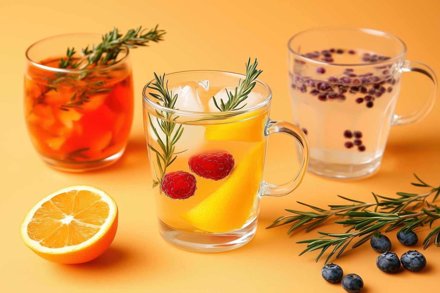 Refreshing Citrus and Berry Infused Drinks in Elegant Glassware photo