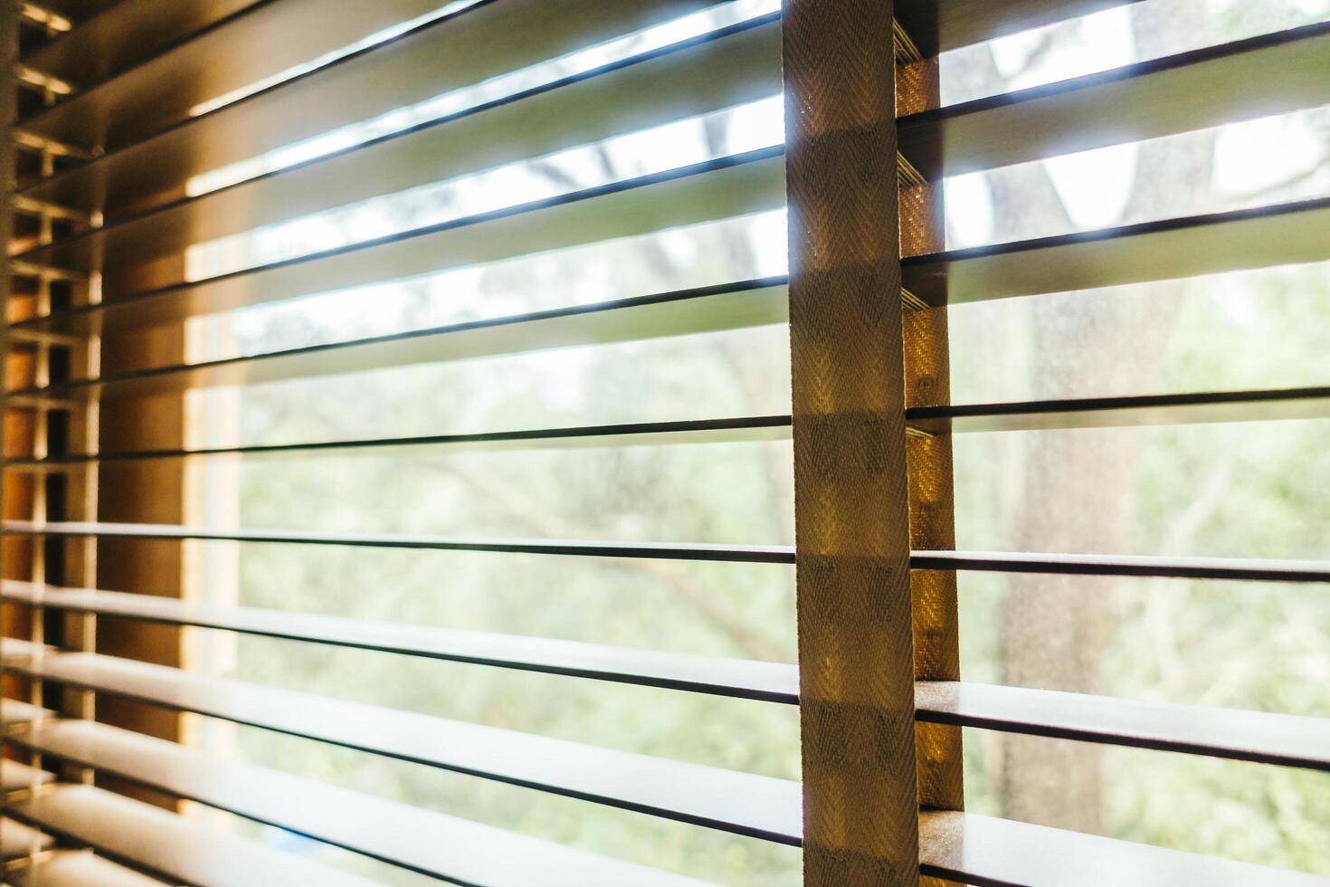 A window with wooden blinds and a view of trees photo