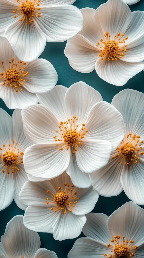 Beautiful white flowers on a teal background creating a fresh and vibrant aesthetic photo