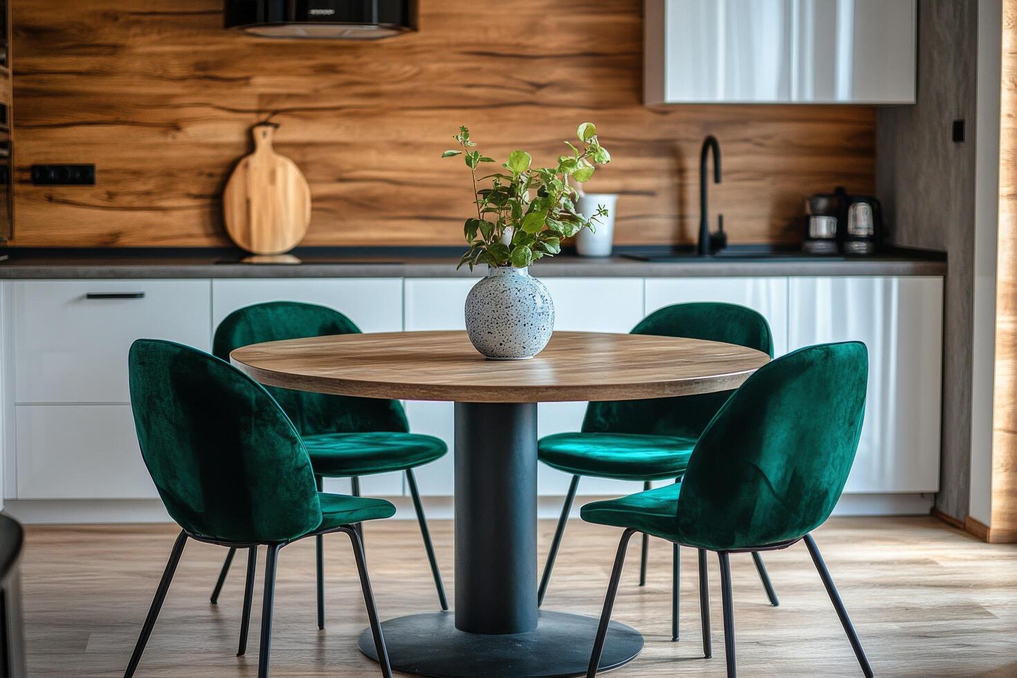 Elegant dining area with green velvet chairs and wooden wall accents in modern kitchen photo