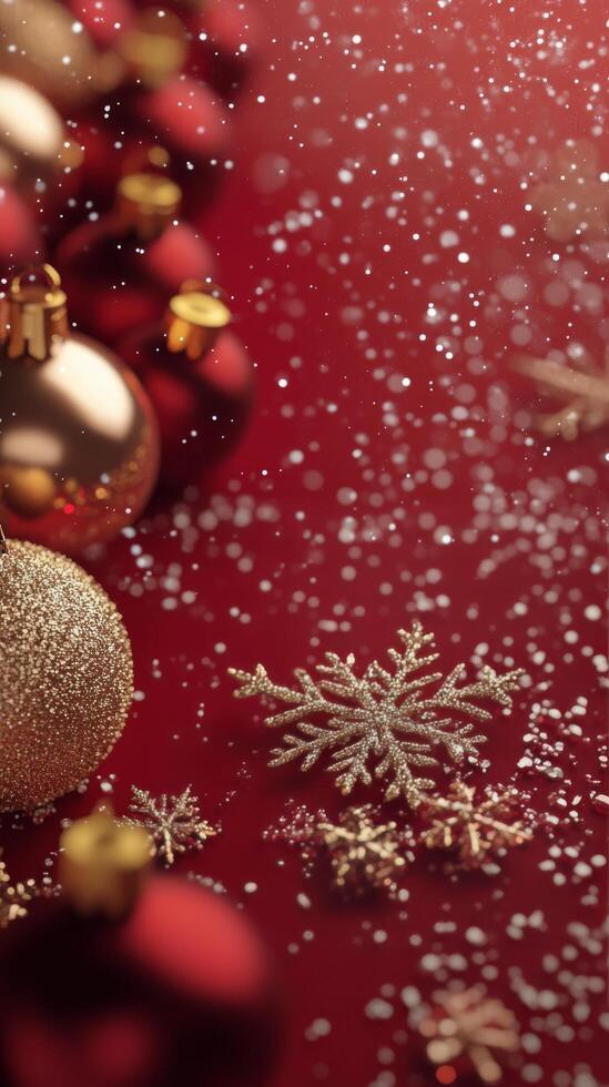 Festive holiday decorations featuring red and gold ornaments and snowflakes on a vibrant background photo