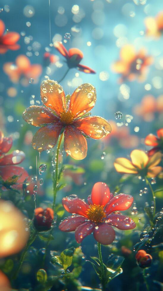 Bright orange flowers glisten with droplets in a lush garden during a sunny afternoon photo